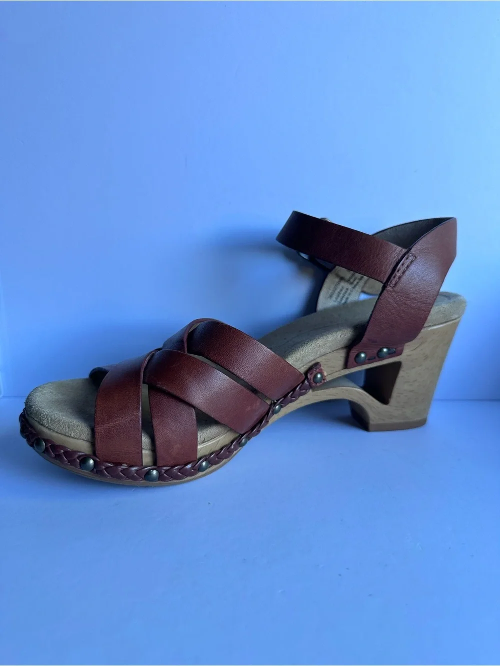 Dansko Ankle Strap Leather Sandals | High-Heel Wedge, Size 5.5
